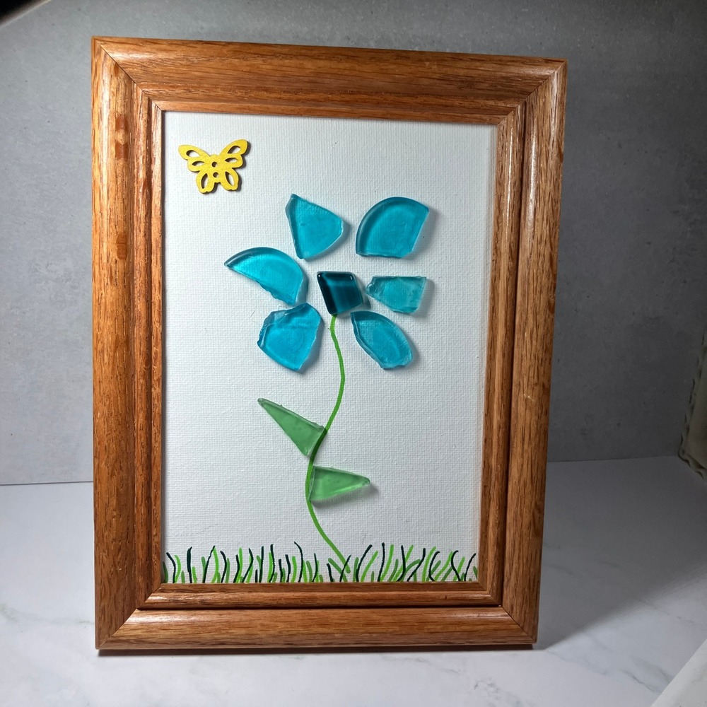 Sea Glass Flower Art Framed Coastal Beach House Decor Blue Mosaic Butterfly